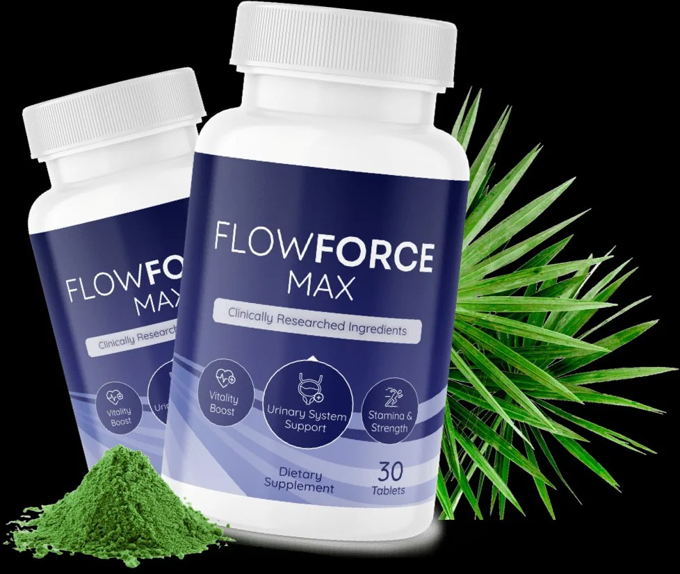 FlowForce Max prostate health capsule supplement bottles with palm leaves and herbal ingredients