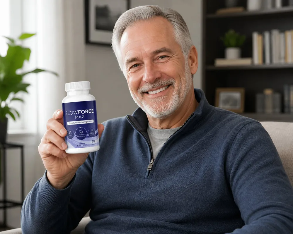 FlowForce Max prostate supplement positioned with an older man in a home environment, illustrative photo